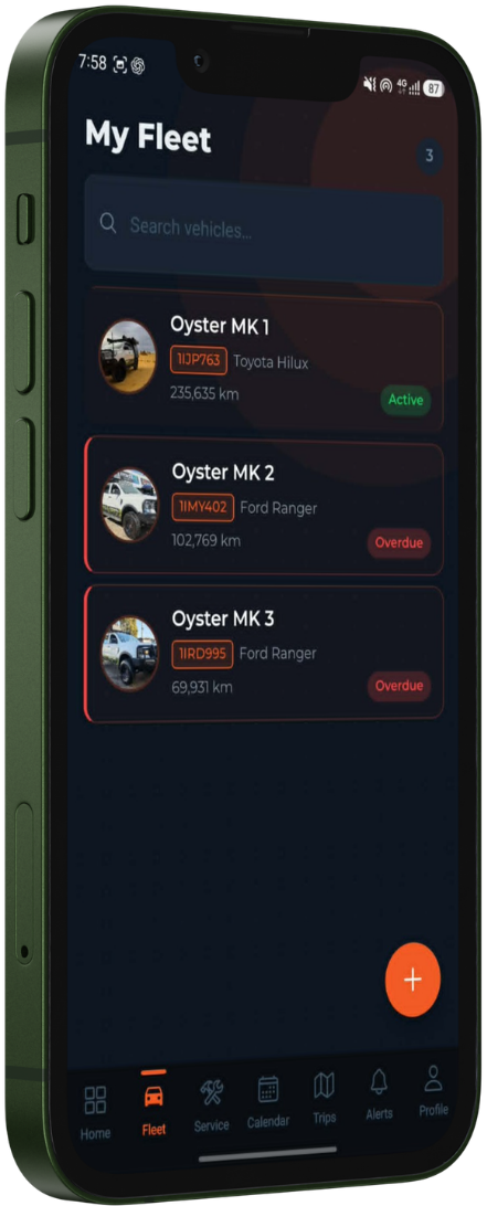FleetTrack Pro vehicle registry showing fleet list