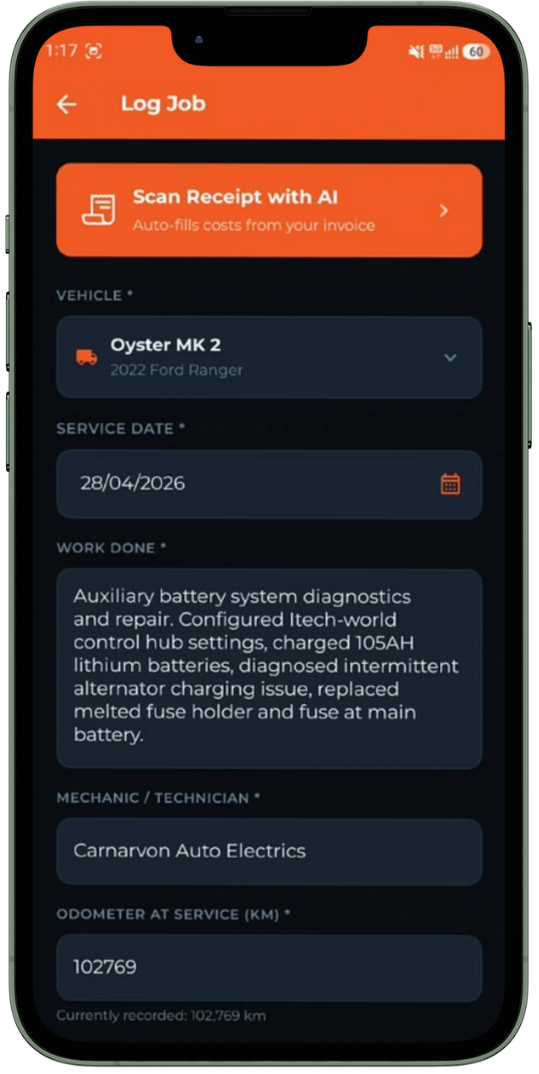 FleetTrack Pro log a maintenance job screen