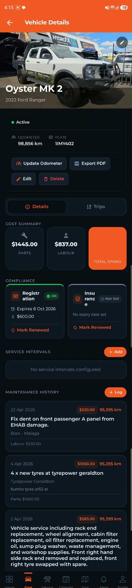 Vehicle detail screen showing Oyster MK 2 Ford Ranger with compliance and maintenance history