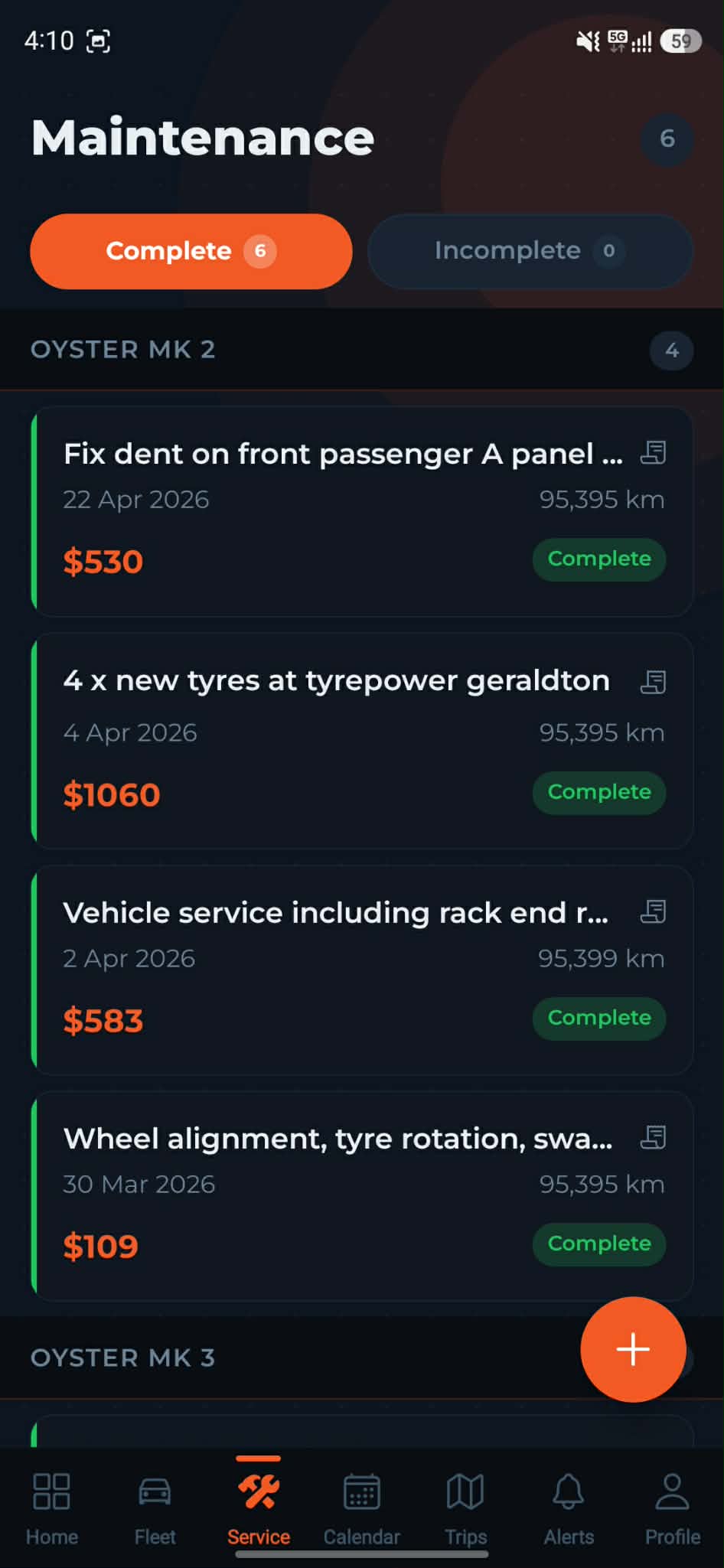 Service and maintenance tab showing completed jobs for Oyster MK 2 with dates, kilometres and costs
