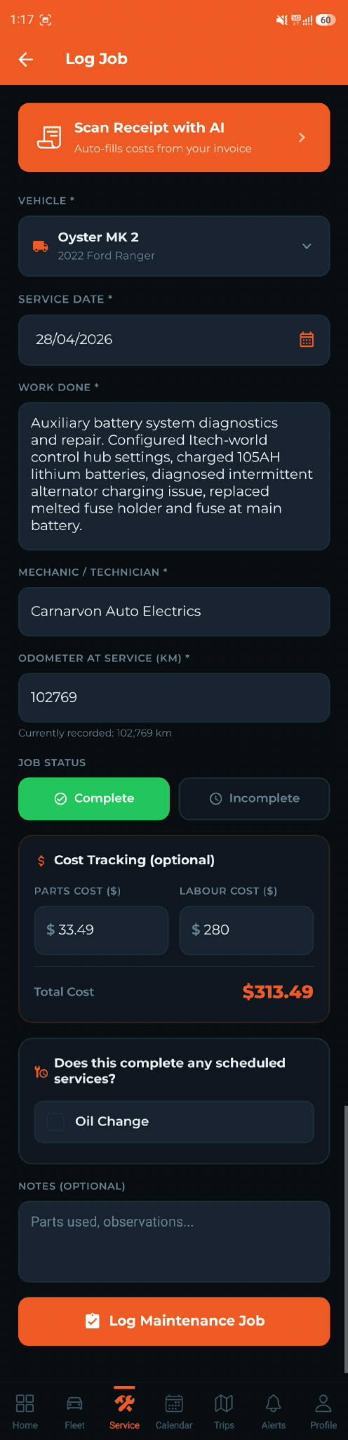 FleetTrack Pro AI receipt scanning — Log Job screen with Scan Receipt with AI button