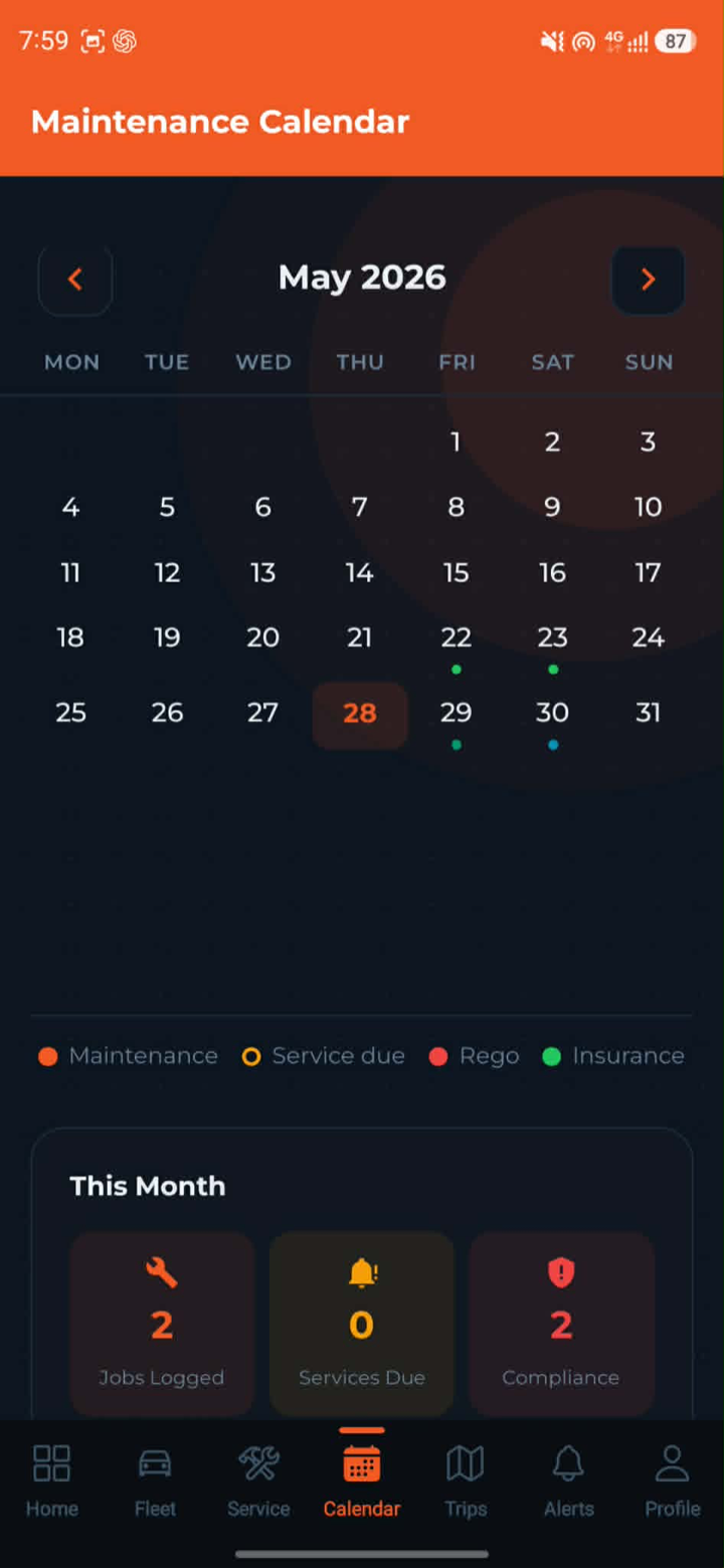 FleetTrack Pro maintenance calendar showing service, rego, and insurance dates