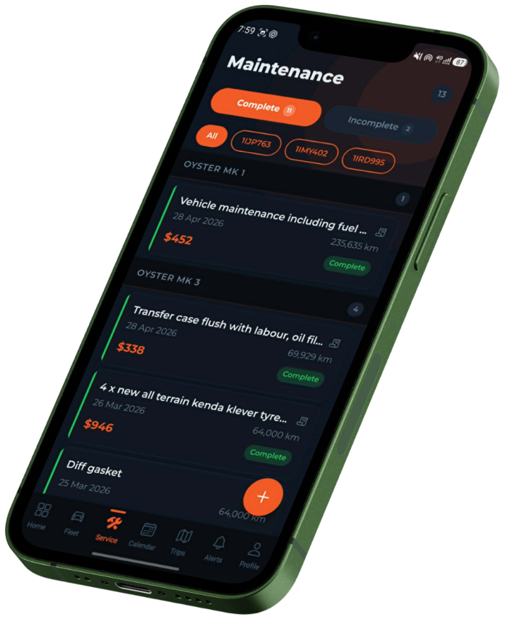 FleetTrack Pro maintenance list showing service history by vehicle